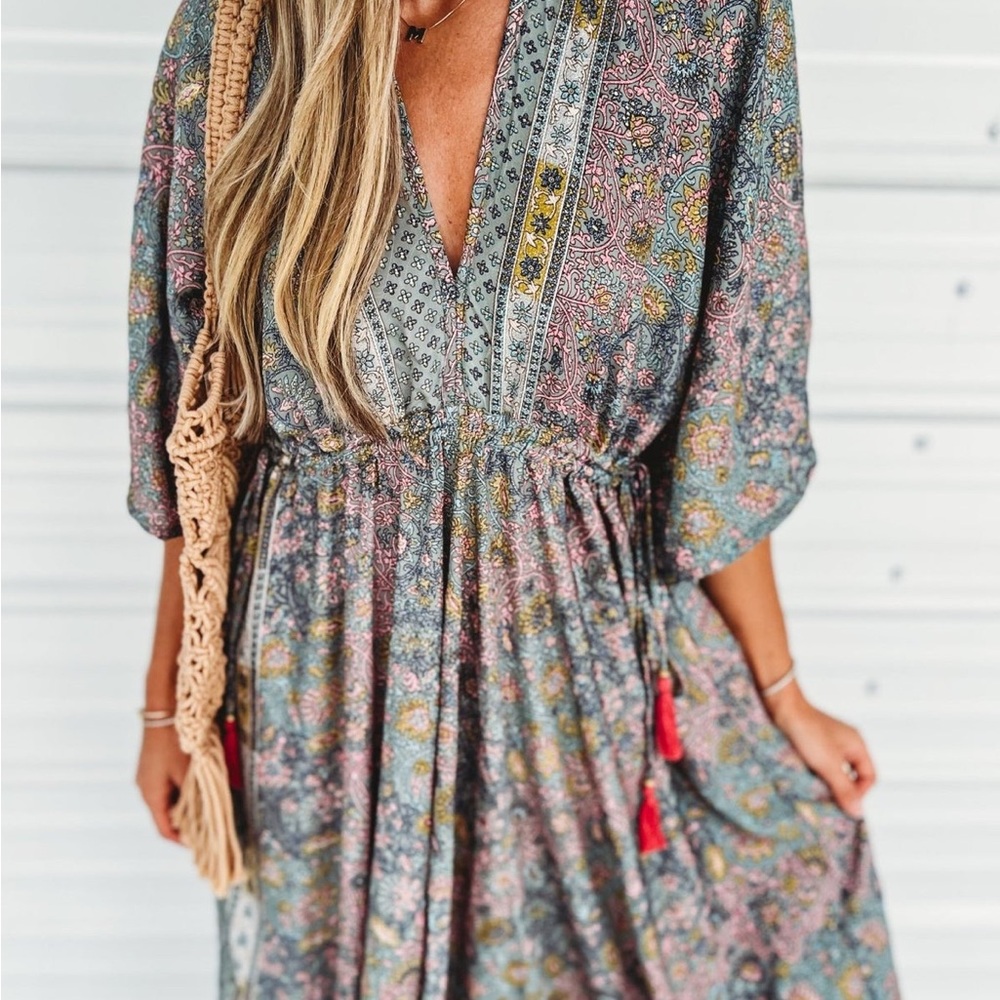 Boho Floral Maxi Dress in Dusty Blue & Pink